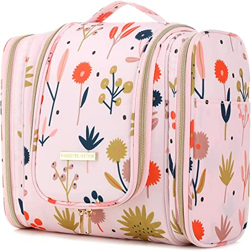 Trousse de Toilette Voyage pour Femme, Lychii Grande Capacité Cosmétique Sac avec Crochet, Imperméable Pliable Trousse Maquillage Organisateur - Floral