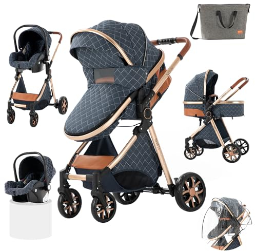 Prokoke Kinderwagen 3 in 1, Buggy mit Umkehrbarem Zwei-Wege-Schub, Kinderwagen Rahmen Aluminiumlegierung, Kombikinderwagen 3 in 1 Einem Klick Faltbar Baby Kleinkind Neugeborene (225 Denim Blue)