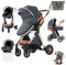 Prokoke Kinderwagen 3 in 1, Buggy mit Umkehrbarem Zwei-Wege-Schub, Kinderwagen Rahmen Aluminiumlegierung, Kombikinderwagen 3 in 1 Einem Klick Faltbar Baby Kleinkind Neugeborene (225 Denim Blue)