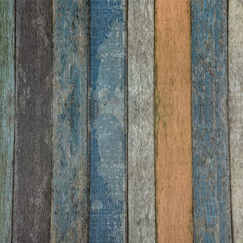 FENTIS Wood Panel Wallpaper Removable Peel and Stick Vinyl Wrap Waterproof Brown Blue and Grey Self Adhesive Contact Paper Stick on Wallpaper for Door Worktop 44.5x500cm