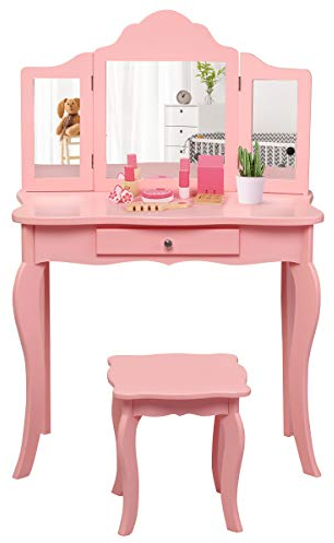LIFEZEAL Schminktisch Kinder, 2-in-1 Schminktisch mit Hocker, Frisiertisch mit dreifach gefaltetem Spiegel & Schublade, Kosmetiktisch für Kleinkinder Mädchen, mit Zubehör (Rosa)