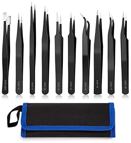 YHYZ Set di 9 pinzette di precisione, in acciaio inox antistatico aggiornato (fine, curvo, piatto), perfetto per artigianato, elettronica, saldatura, modello, hobby, creazione di gioielli, laboratorio