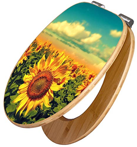 banjado Design WC Sitz Bambus Absenkautomatik 45,8x37,5cm / Toilettendeckel mit Absenkautomatik Holz/hochwertiger Bambus Klodeckel/WC-Sitz für gängigen Toiletten/Motiv Sonnenblumen