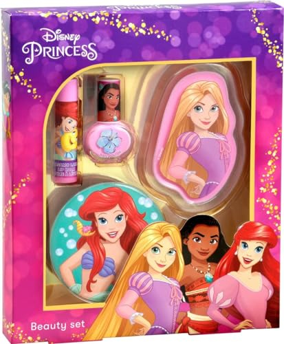 Princesas Disney Set de Maquillaje Infantil, Contiene: Brillo Labial, Bálsamo Labial, Esmalte de Uñas y Espejo decorado