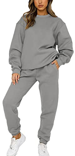 amropi Trainingsanzug Damen Pullover Sweatshirt und Jogginghose Warm Vlies Kleidungsset (Grau,XL)