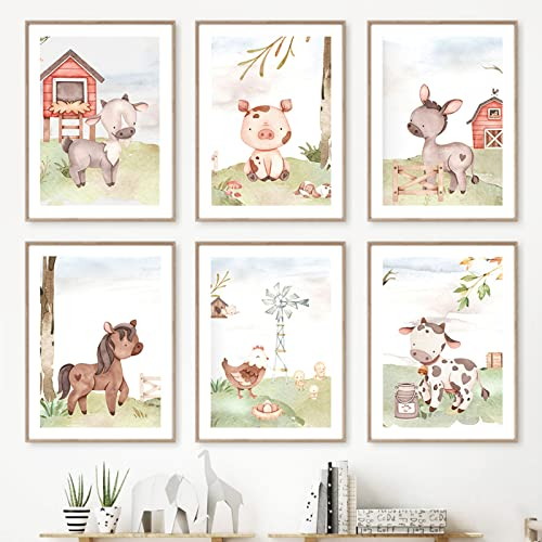 CPGG Set von 6 Pferd Kuh Schwein Huhn Bauernhof Tiere Kinderzimmer Wandkunst Leinwand Malerei Nordische Poster und Drucke Wandbild Baby Kinderzimmer Dekor-40x50cm (Kein Rahmen)