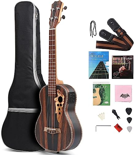 Batking Tenor Ukulele für linke Hand, 66 cm (26 Zoll) All Blackwood Akustik-Elektro-Ukulele Kit mit Halsstange mit EQ mit Gigbag, Gurt, Nylonsaite, Elektro-Stimmgerät, Plektrum, Shaker