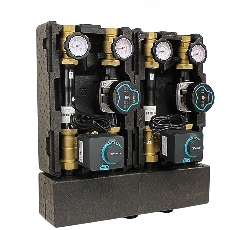 ENVIRON- 2er Modulverteilergruppe 2 Pumpengruppen auf Verteilerbalken [gemischt/ungemischt wählbar] | 3 Wege Mischer Stellmotor DN25 Umwälzpumpe Heizung (2x gemischt | Pumpen 180mm)