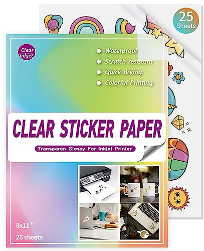 Printable Vinyl for Inkjet Printer - 25 A4 Sheets Clear Sticker Paper, Transparent, Water Repellent, Self Adhesive, DIY Stickers, Product Labels