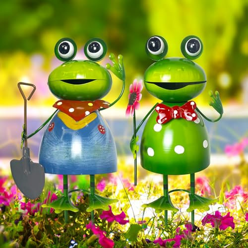 HONGLAND Metall-Gartendeko für draußen, niedliche Frosch-Deko für den Außenbereich, 3D-Frühlingsfrösche, Figuren, Gartenskulpturen und Statuen, Geschenke für Oma und Mama, 2 Stück