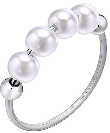 PAMTIER Damen Edelstahl Perlenring Zierlicher Statement-Ehering Stapelbare Ringe mit kleinem Finger Silber Größe 50