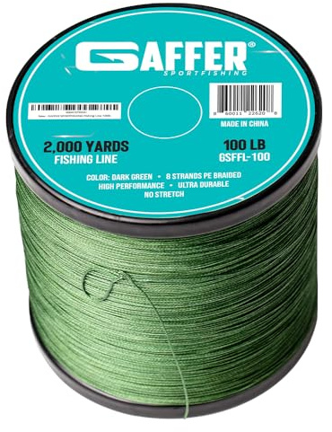 Gaffer Sportfishing 8-Strand Braided Fishing Line - Ultra Strong Zero-Stretch UHMWPE Braid with Smooth Coated Finish - Abrasion-Resistant Saltwater & Freshwater Superline - Green (100LB, 2000 Yards)