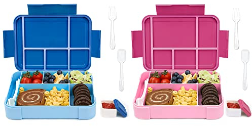 Bugucat Fiambrera infantil con compartimentos, 1330 ml, 2 unidades, fiambrera para niños, caja de almuerzo Bento Box a prueba de fugas con 6 compartimentos, juego de cubiertos, fiambrera para el
