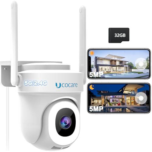 UCOCARE Telecamera Wi-Fi Esterno, 3K 5MP, 2,4/5GHz Videocamera Sorveglianza Esterno con Scheda TF 32 GB, Telecamera Wifi Interno, Riproduzione Video, Registrazione 24/7, Auto-traccia, Visione Notturna