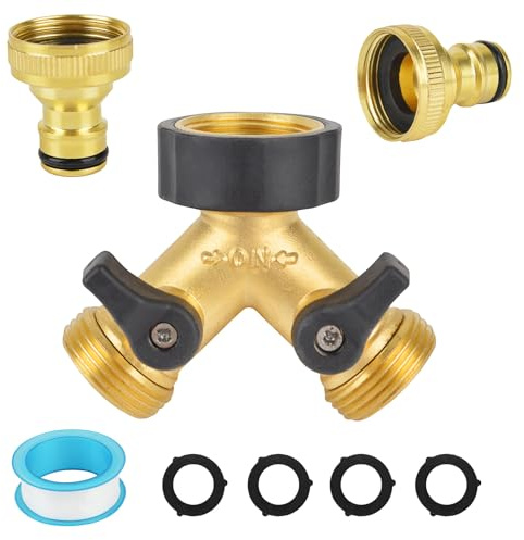 3/4 Tap Y Splitter Brass Hose Connector, 2 Way Garden Hose Splitter | with 2 Quick Connector for Outdoor, Garden, Courtyard, Lawn, Kitchen