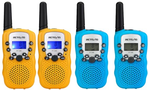 Retevis RT388 Kinder Walkie Talkie, Spielzeug mit großer Reichweite für 3-12 Jahre, 8 Kanal LCD Taschenlampe, Geschenke für Camping, Abenteuer, Wandern (2 Paar, Blau Gelb)