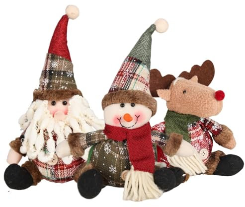 Figuras de Felpa Navideñas Sentado, 3 Piezas Papá Noel Sentado Muñeco de Nieve Reno Navidad Adorno de Navidad, Figurines de Navidad de Felpa para Mesa de Navidad, Escritorio, Chimenea Decoración