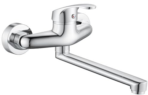 Wasserhahn Küche Wandmontage, Bevankly 360° Drehbar Wasserhahn Küche Wandarmatur, Kalt und Heiß Einhebelmischer Küchenarmatur Wandmontage, Mischbatterie Küche für Wandmontage, Schwenkarm 23CM, Chrom