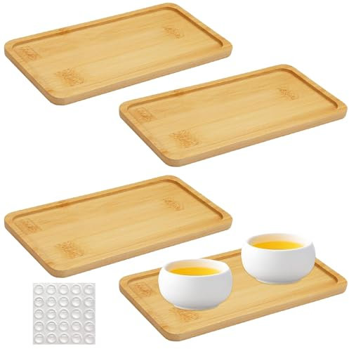 Bambus Tablett Rechteckig, 4-teilig, Holztablett für Blume, Pflanze, Tee, Kaffee, Kuchen (17.5x8.8x1cm)