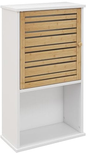 HOMCOM Armoire Murale de Salle de Bain avec Porte à Lattes en Bambou, Meuble de Rangement, étagère réglable, 40l x 20P x 70H cm, Blanc