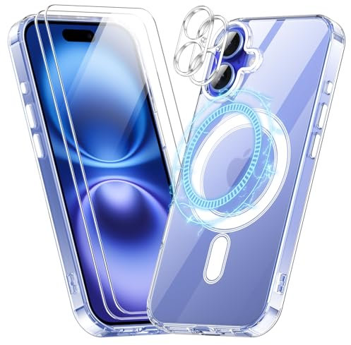 SOGUDE 5 en 1 Magnétique Coque pour iPhone 16 avec 2 Verre Trempé et 2 Caméra Protecteur, Compatible avec MagSafe, Étui Aimantée de Protection Dos PC et Bumper TPU - Transparente