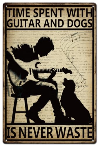 SUPERDANT Blechschilder Gitarren Blechschild Gitarre Hund Metallschild Zeit Die Mit Gitarre Und Hund Verbracht Wird Ist Nie Verschwendete Zeit Metallschilder Rockmusik Vintage Metall Wandkunst