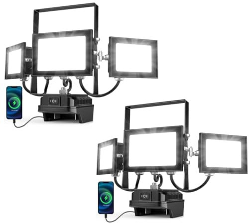 papasbox 2 Stück Akku Lampe für 18v Kabellos Baustrahler 90W LED Arbeitsleuchte | Baustellenlampe IP65 Wasserdicht 6500K Kaltweiß | Strahler M-akita Baulampe mit 2 USB-Aufladung (Kein Akku)