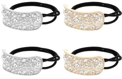 Yuanchu 4er Pack Glitzernde Strass Haargummis, Schwarz, Modische Haarschmuck, Elastische Haarbänder, Silber und Gold Kristall, Rechteck, Damen und Mädchen