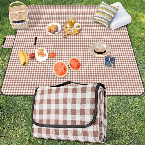 YAOMAISI Picnic Blanket,300 x 200cm Large Beach Blanket,camping Blanket,with handle,waterproof bottom,machine washable,outdoor foldable hiking blanket soft portable and big (Coffee Grid)
