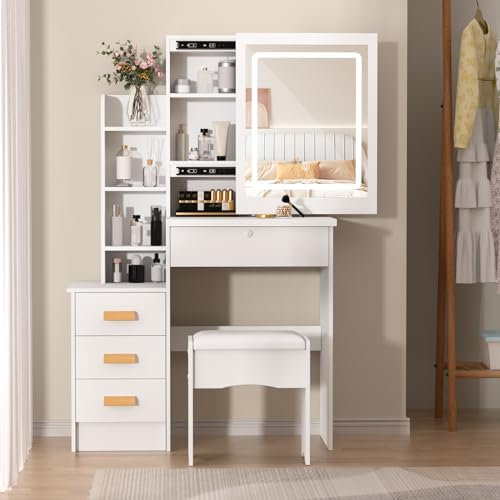 Veyora Vanity Desk with Sliding Mirror and Lights, Bedroom Dressing Table with 4 Drawers & Storage Shelves, Modern White