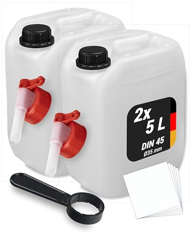 Trevendo 2er-Set Wasserkanister - Leerkanister - Kunststoffkanister (5 Liter, DIN 45, Ø35 mm) - lebensmittelecht & BPA-frei - inkl. Deckel, 2 Auslaufhähne, Ringschlüssel & 5 Beschriftungsetiketten