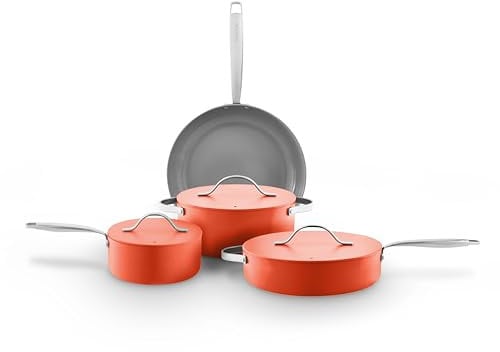 Sur La Table Colour Me Happy 4pcs Cookware Set, Frying Pan, Saucepan, Casserole, Multi-Pan, 10x Stronger Ceramic Coating, Lids with Steam Release, Induction Compatible, Aluminium, Orange