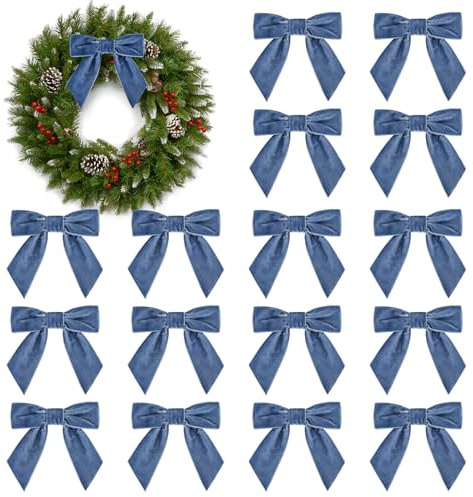 16Pcs Christmas Velvet Bows, 4.3 Vintage Velvet Ribbon Bows for Christmas Tree Garland Wreath Gift Wrapping DIY Crafts Wedding Decor (Dusty Blue)