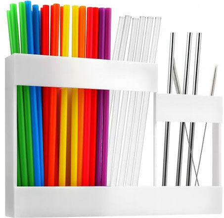 Oncpcare Acrylic Straw Holder for Cabinet with Double Sided Adhesive, Reusable Straws Organizer Storage Container Dispenser for Kitchen Counter Cupboard Drinking (Transparent)