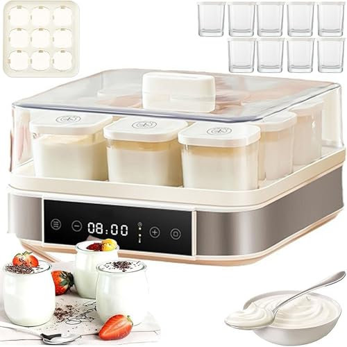 Productora de Yogur Automática, 40W Productora de Yogur Automática Digital con Temperatura Ajustable y Control de Tiempo, 9pcs Tarros de Vidrio de Acero Inoxidable Productora de Yogur Orgánico para