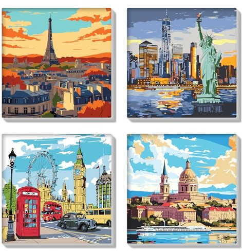 HEIBAGO 4 Pack Encadré Paint by Numbers, Architecture Kits de Peinture par Numéros pour Adults, DIY Paysage Urbain Peinture à l'huile par Numéros Kits pour la Décoration Intérieure Maison,8×8 inch