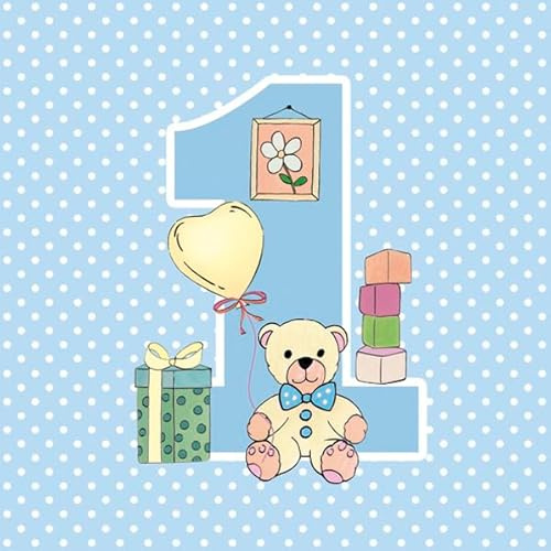 20 Servietten erster Geburtstag mit Teddy blau, Jungen, Babyparty,1st birthday party, 1. Geburtstag Papierservietten, Decoupage, Tischdeko, 33x33 cm