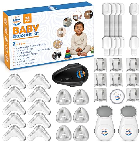 7-in-1 Baby Proofing Kit (33 Pieces) | Complete Child Safety Set with Magnetic Locks | Socket Covers | Straps for Fridge Freezer Bin | Corner Protectors | Oven Lock Door Stoppers | Children Proof Set