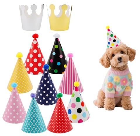 11 Stück Mini Partyhüte für Stofftier, Hund & Katze | Bunte Konische Mützen - Geburtstagsfeier Zubehör für Hunde- und Katzenpartys