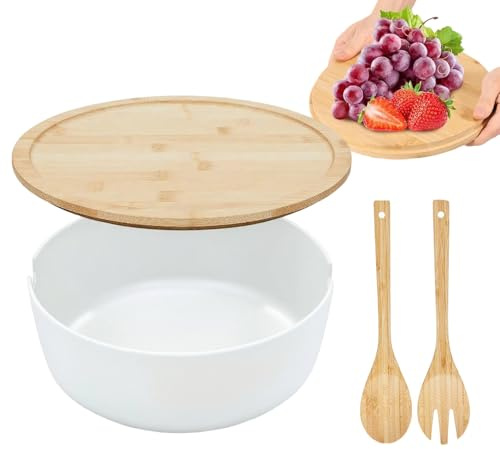 Sollee Grand saladier | Grands bols à salade pour manger, couverts de service en bois avec cuillère, fourchette pour la maison, la cuisine, les céréales, les fruits, les collations, la cuisine, la