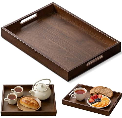 Bandeja grande para servir, 38 x 26 x 4 cm, bandeja de madera, rectangular, con asas, bandeja de madera multifuncional, decoración para desayuno, aperitivos, bebidas y café