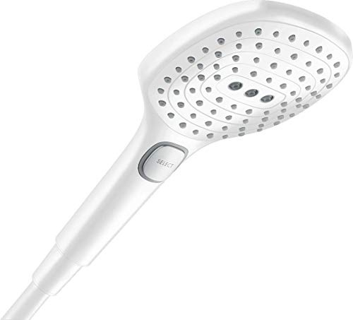 hansgrohe Raindance Select E - wassersparender Duschkopf 6 l/min (EcoSmart+), Handbrause mit3 Strahlarten inkl. PowderRain, Duschbrause, Sparduschkopf mit Antikalk-Funktion, Mattweiß, 28729700
