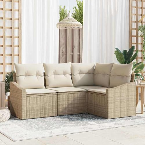 Holamys Garten Loungeset 4-teilig, Beige Poly-Rattan Sofa mit Kissen, Höhenverstellbarer Tisch, UV-beständig, Wetterfest für Terrasse Balkon
