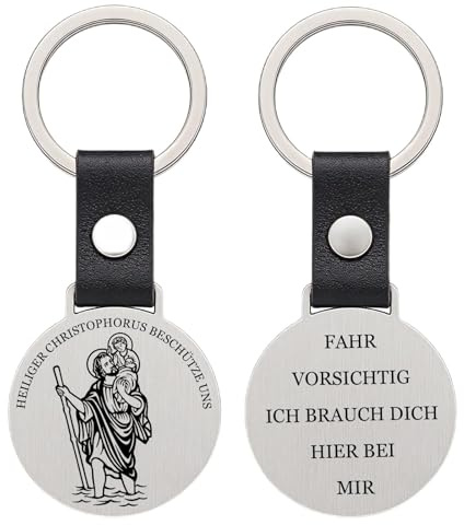 YUJUE Christophorus Schlüsselanhänger am Lederband - Schutzpatron für Autofahrer und Reisende