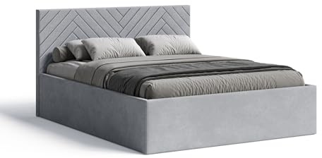 Meblofun Polsterbett ABETE mit Kopfteil, 180x200 cm, Doppelbett mit Bettkasten und Lattenrost aus Holz, Velourstoff, Farbe: Grau
