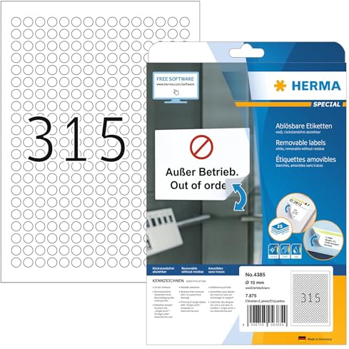 HERMA Self Adhesive Removable Round Labels, 315 Labels per A4 Sheet, 25 Sheets, Ø 10 mm, 7875 Labels, Blank Multipurpose Labels Stickers, Sticky Dots for Laser & Inkjet Printer, White