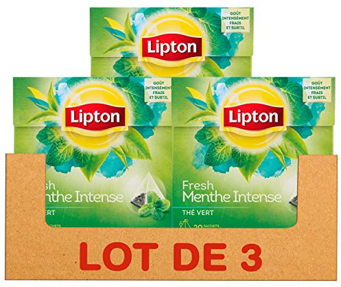 Lipton Thé Vert Menthe Intense, Goût Intensément Frais & Subtil, Label Rainforest Alliance, 60 Sachets, Lot de 3x20 Sachets