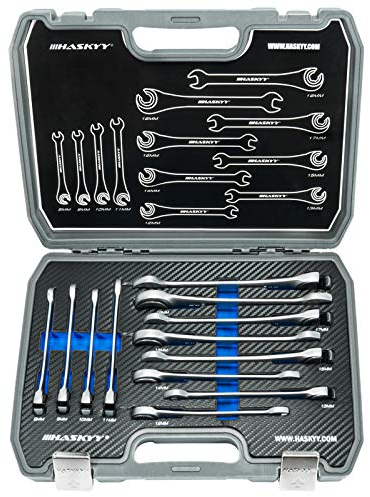 HASKYY 12tlg. 8-19mm offenes Ratschenschlüsselset Ratschenschlüssel Set Maulringschlüssel Bremsleitungsschlüssel mit Ratschefunktion