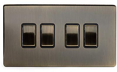 Soho Lighting Antique Brass 4 Gang Intermediate Light Switch Black Insert Screwless