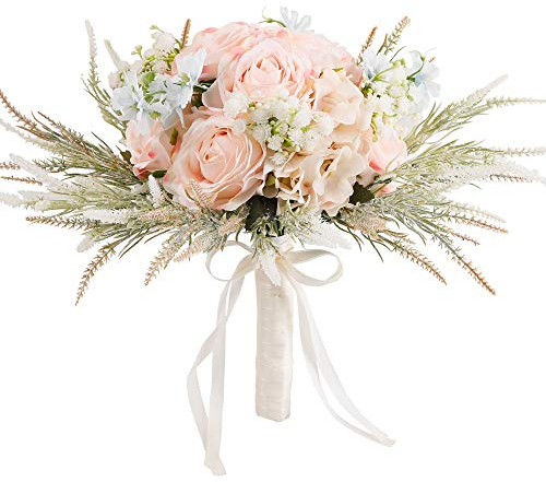 LESING Bouquet di rose artificiali da 30 cm, realizzato a mano, romantico, per sposa e damigella d'onore (bouquet di rose, rosa)